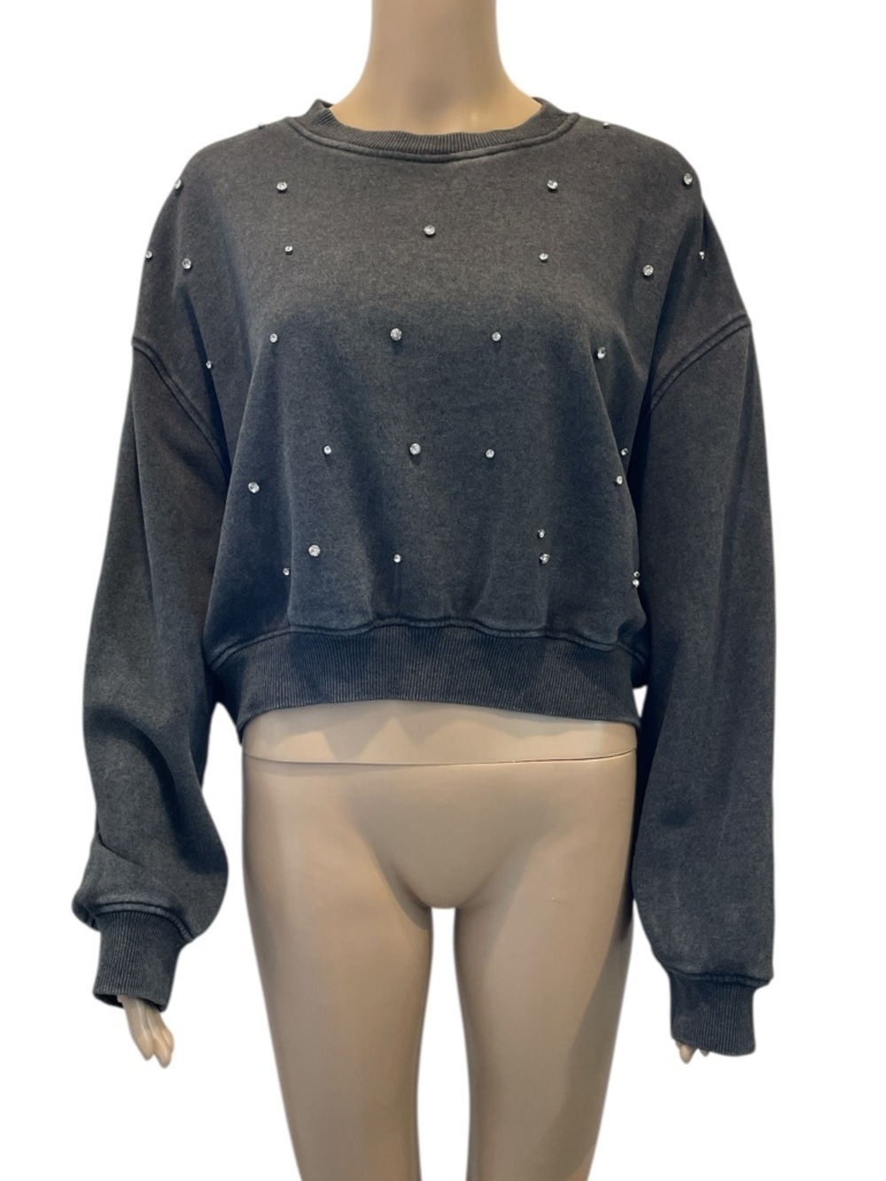 Lazy Sunday Women’s Rhinestones Gray Cropped Sweatshirt L